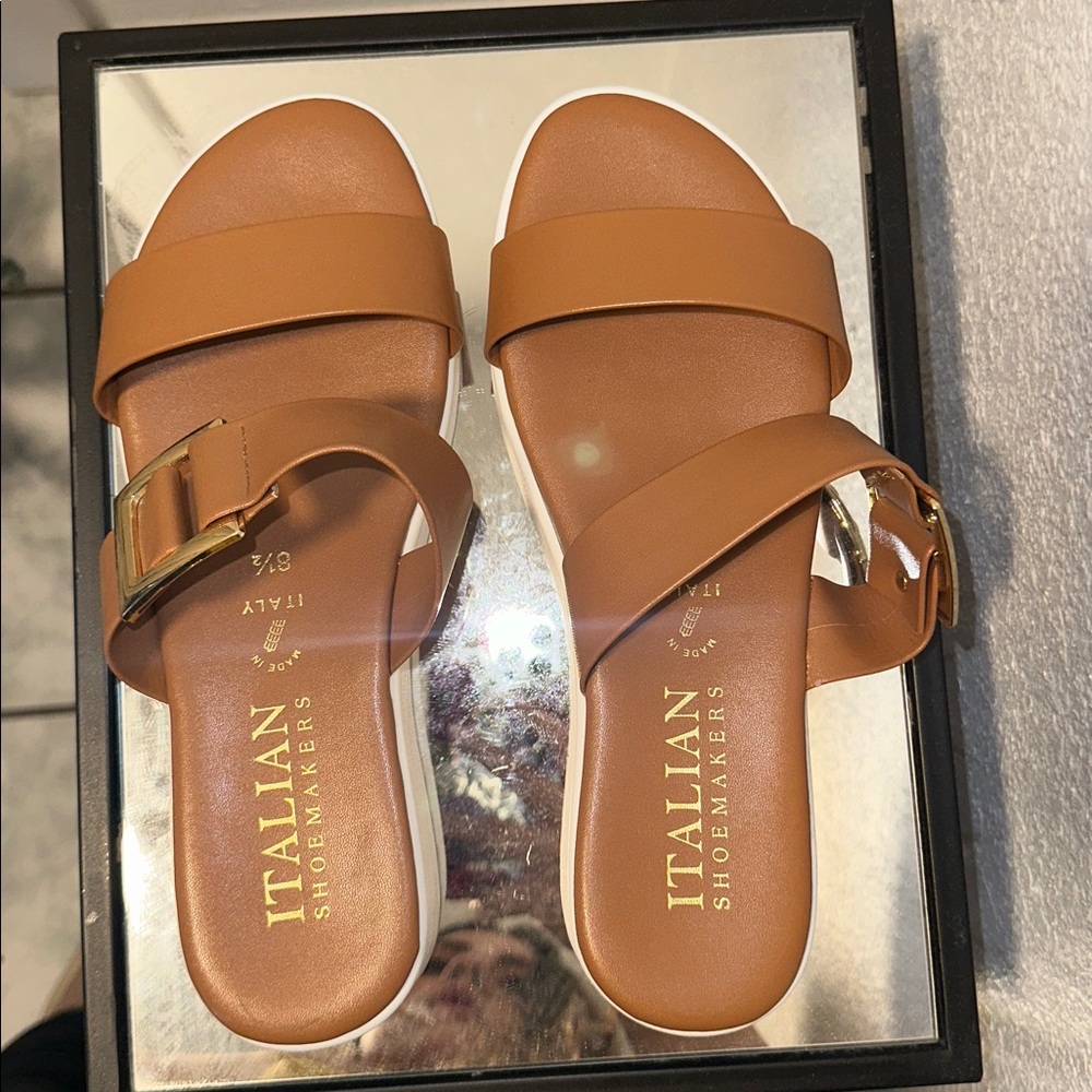 Italian Shoemakers Tan Slide Sandals with Gold Buckle - Picture 2 of 5